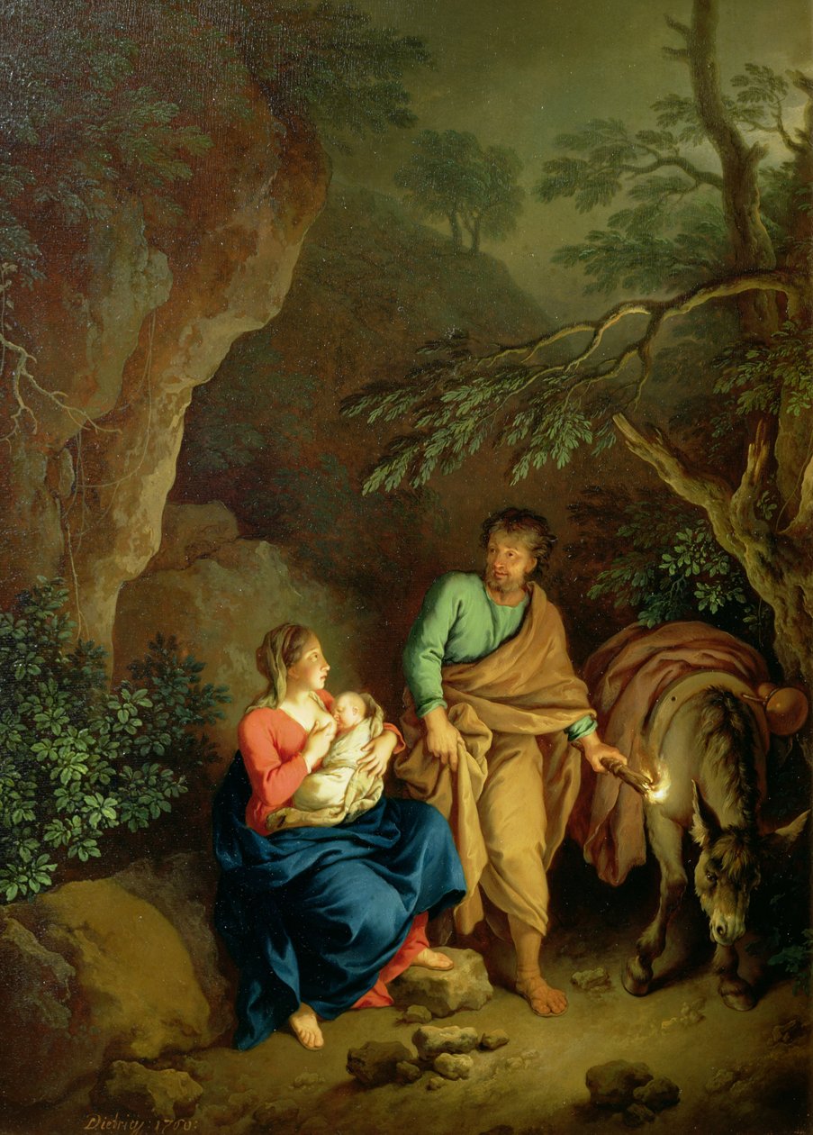 Hvil på flugten til Egypten, 1760 (panel) af Christian Wilhelm Ernst Dietrich