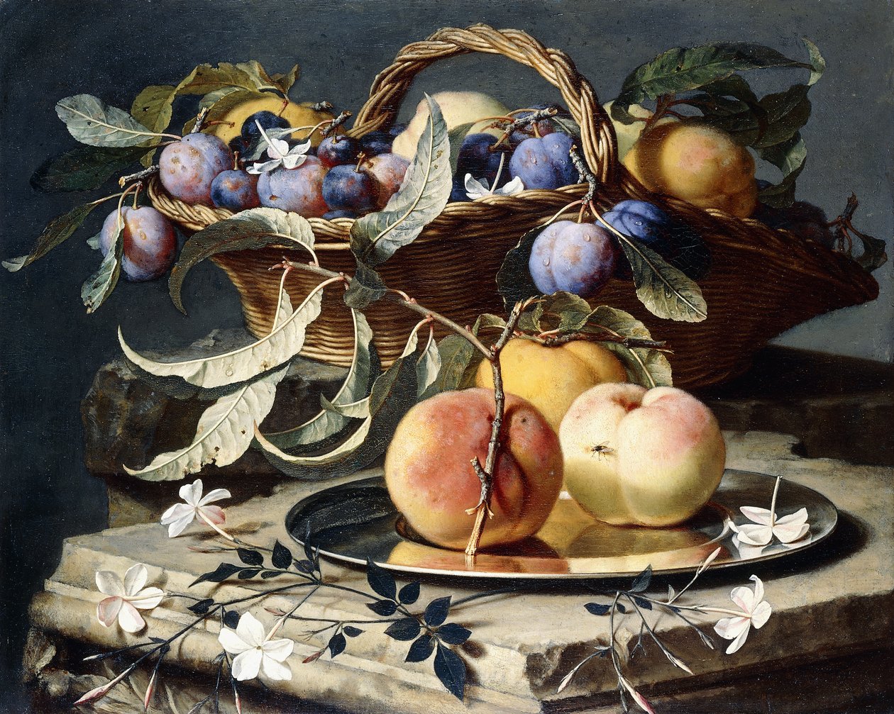 Ferskner og blommer i en flettet kurv, ferskner på et sølvfad og narcisser på stensokler, af Christian Berentz