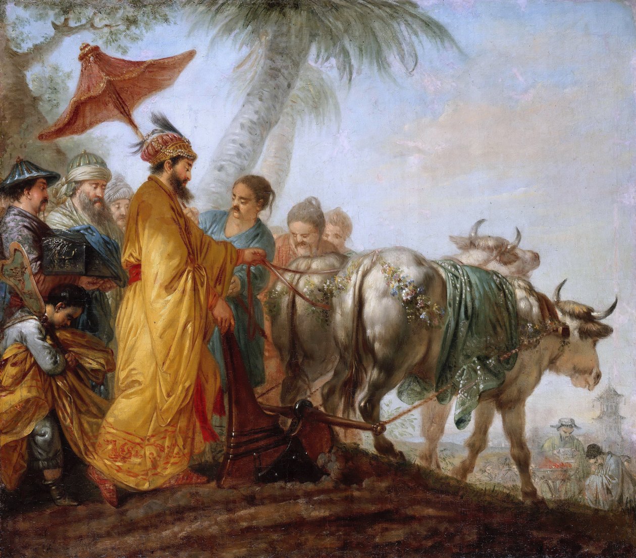 Kejseren af Kina med en plov. Den kinesiske kejser pløjer den første fure for at ære landbruget af Christian Bernhard Rode