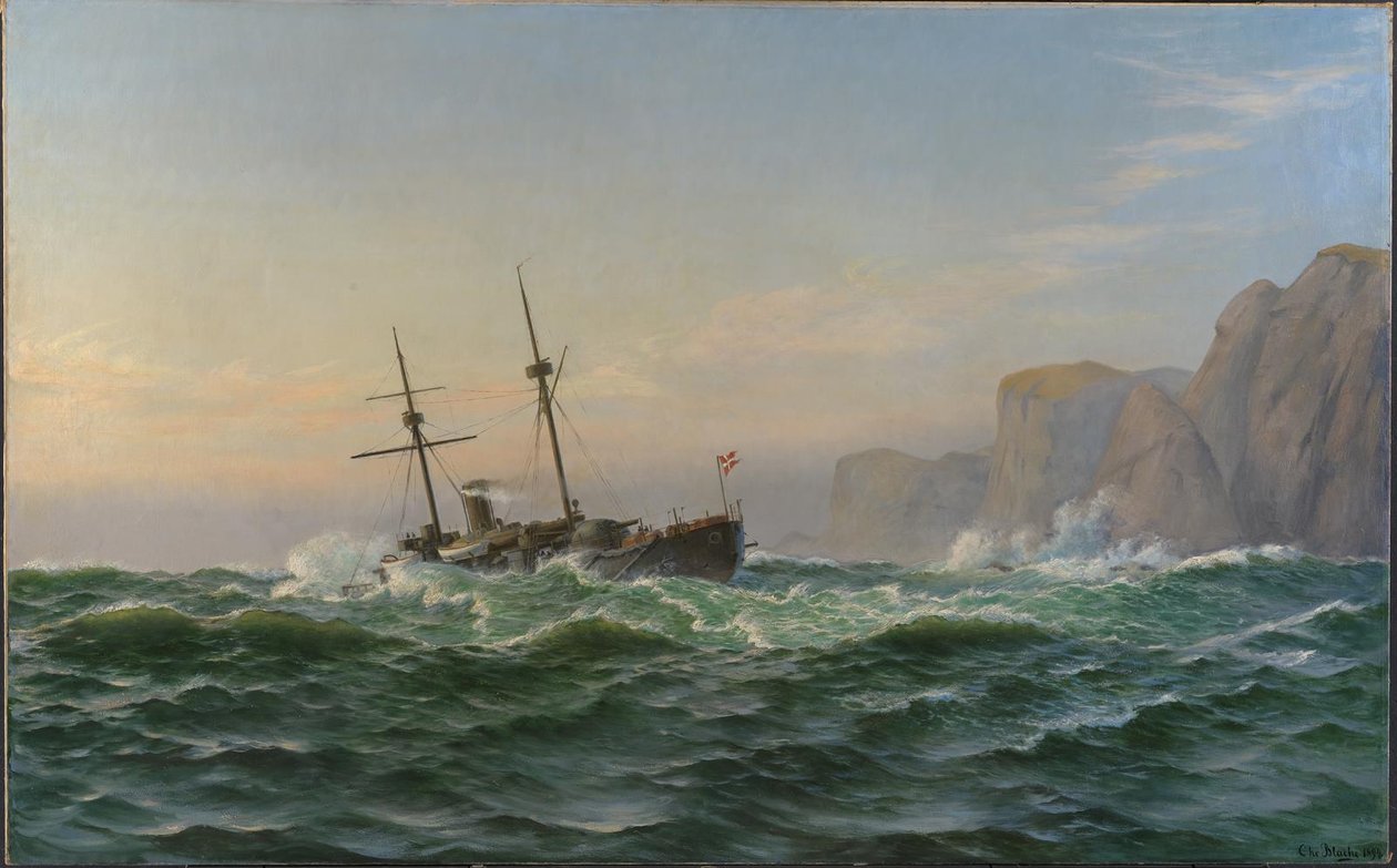Panserskibet "Iver Hvitfeldt" passerer Forbjerget Stat på vejen til Trondhjem i sommeren 1893 af Christian Blache