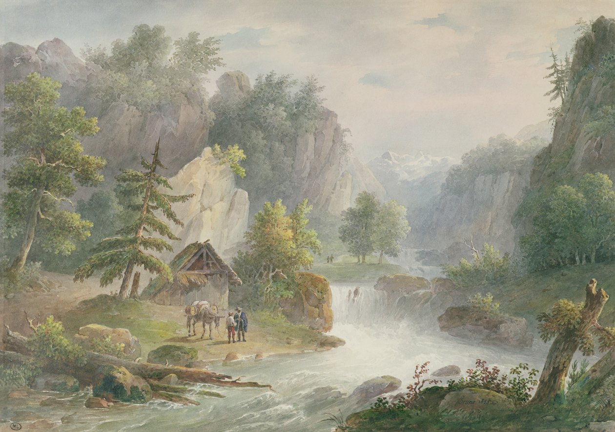 Bjerglandskab med en torrent, 1825 (wc på papir) af Christian Brune