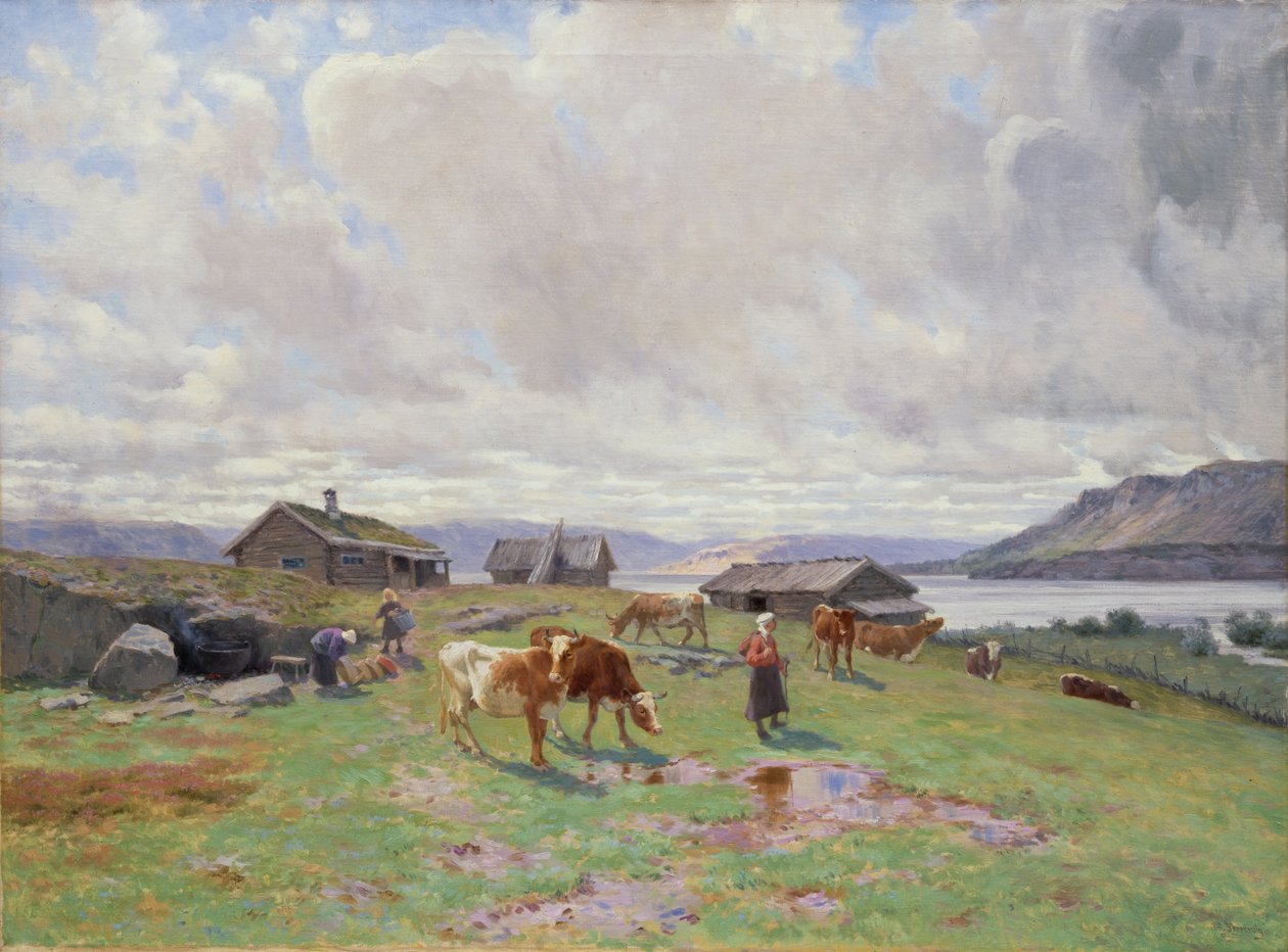 Morgenstemning ved Holmvassbu (olie på lærred) af Christian Eriksen Skredsvig