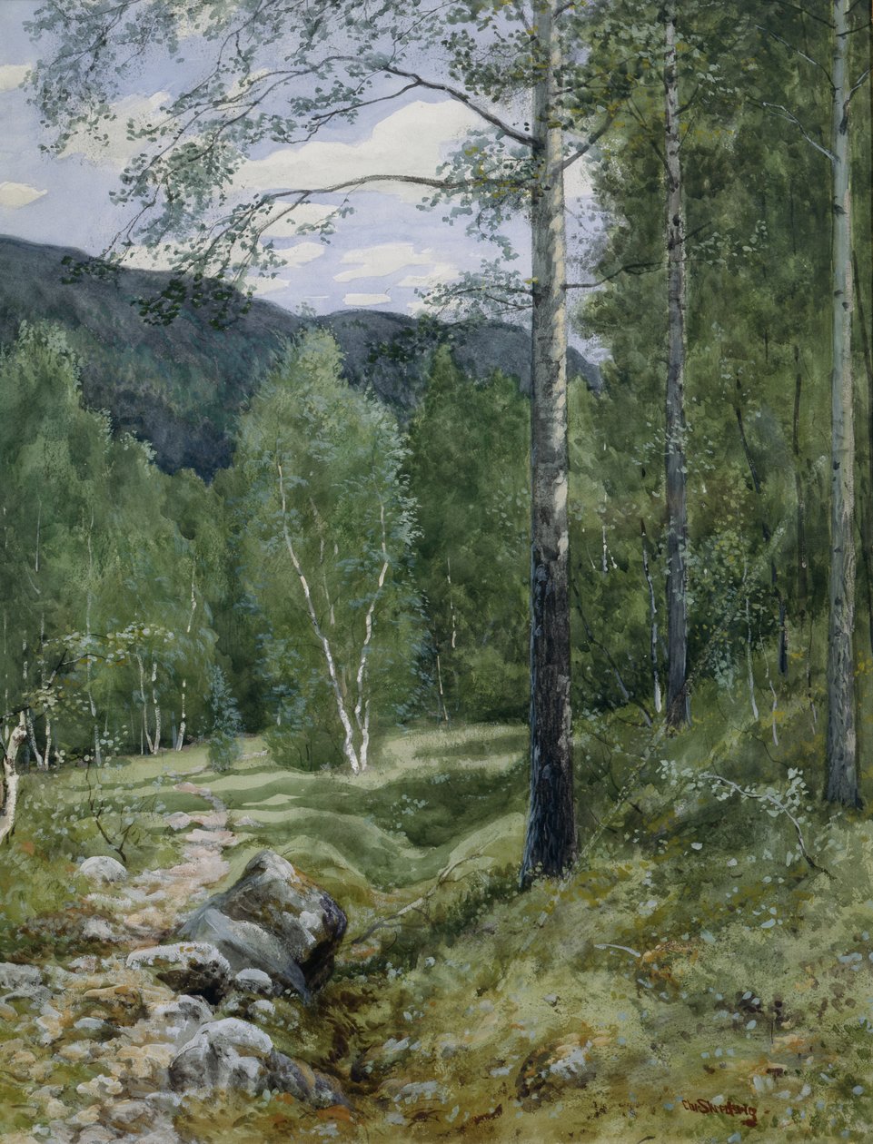 Forår i skoven (akvarel på papir) af Christian Eriksen Skredsvig