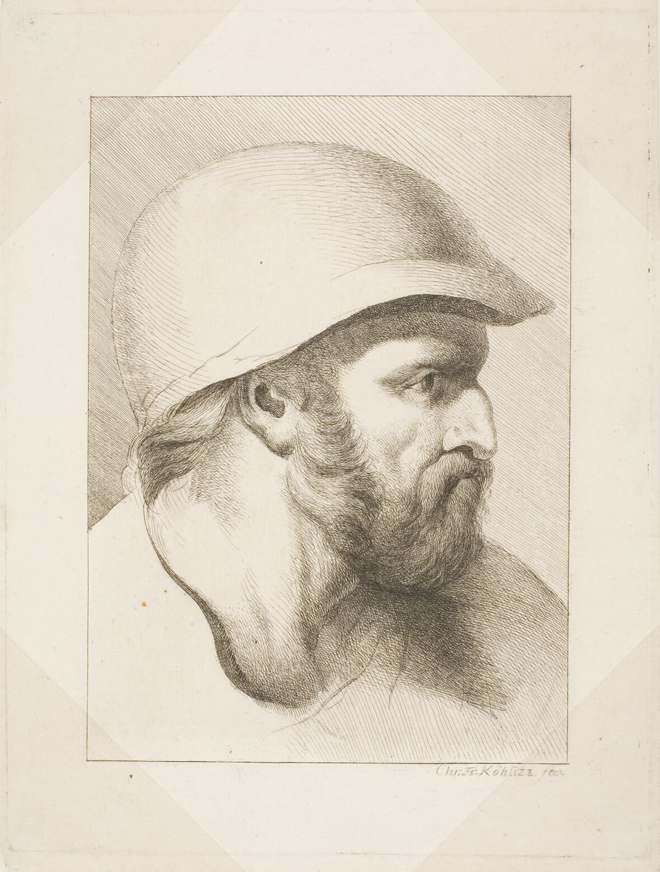Skægget mandshoved med stålhjelm af Christian Frederick Köhlitz