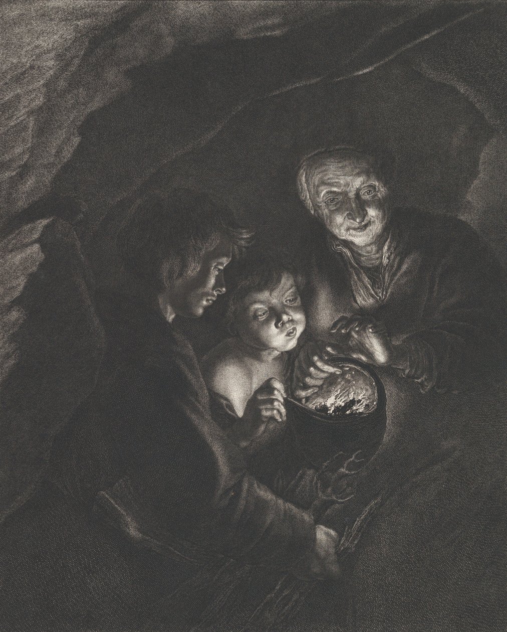 Natscene i en hule med en gammel kvinde, der holder brændende kul i en gryde, en dreng blæser..., ca. 1750-57 af Christian Friedrich Boëtius