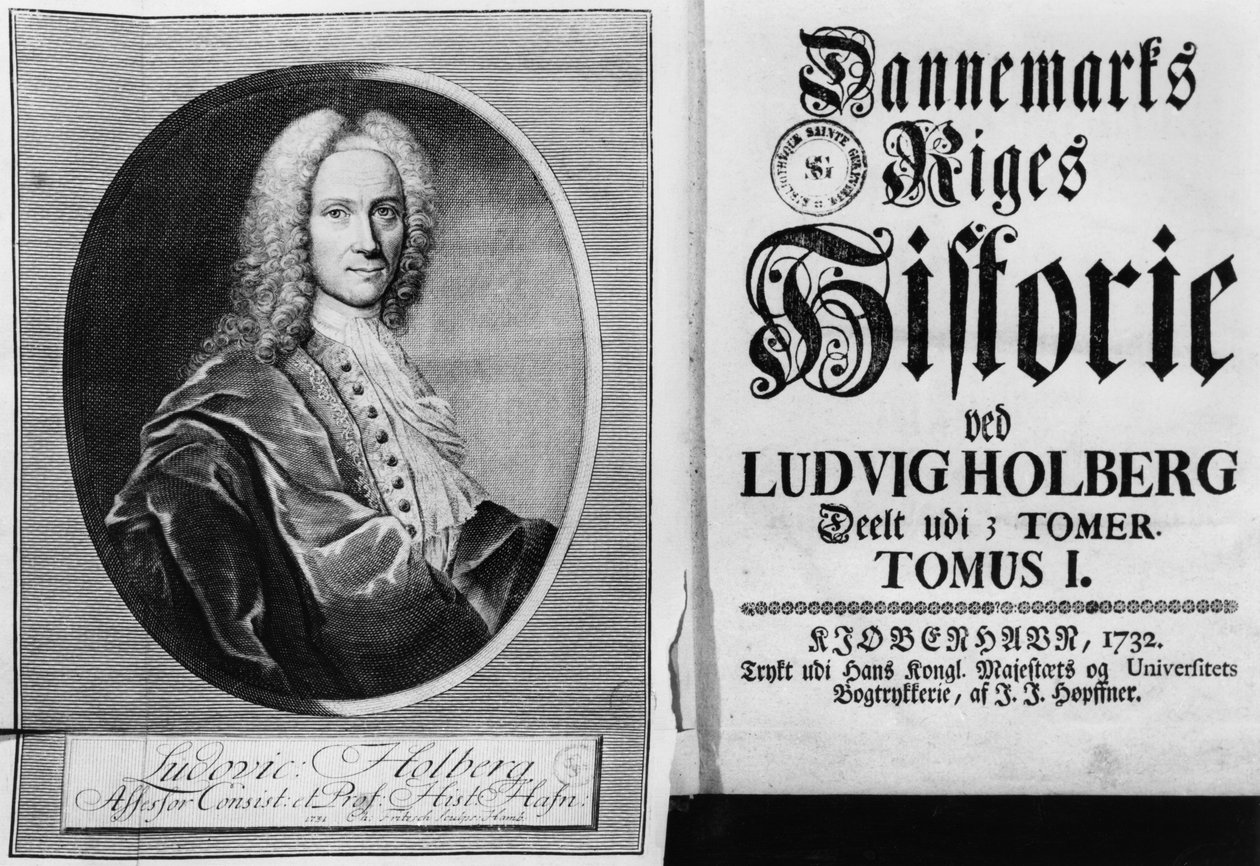 Baron Ludvig Holberg (1684-1754) og titelbladet til Bind I af hans Danmarks Historie, udgivet i København, 1732 af Christian Friedrich Fritzsch