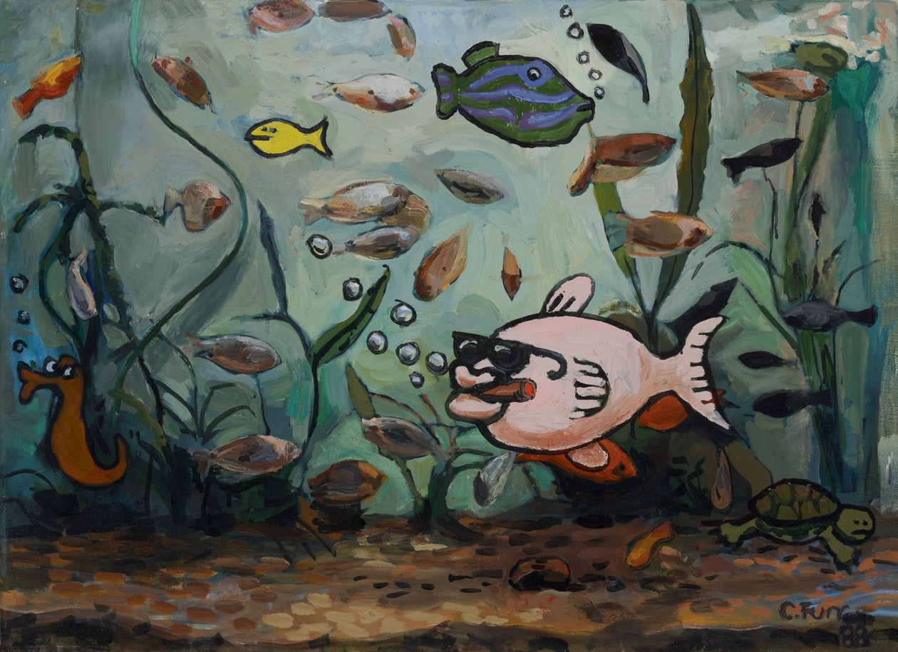 Big Pink Fish in Fishy World 1988 (olie på lærred) af Christian Furr