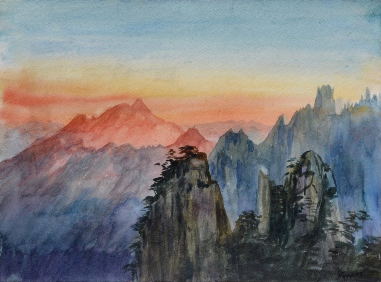 Buddhas lys - Solopgang på Rosenbjerget, 2015 (akvarel på papir) af Christian Furr