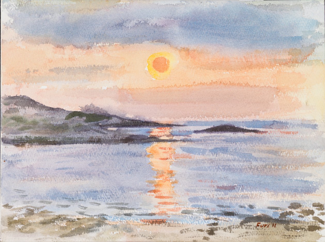 Cypern, solnedgang, 2019 (akvarel) af Christian Furr