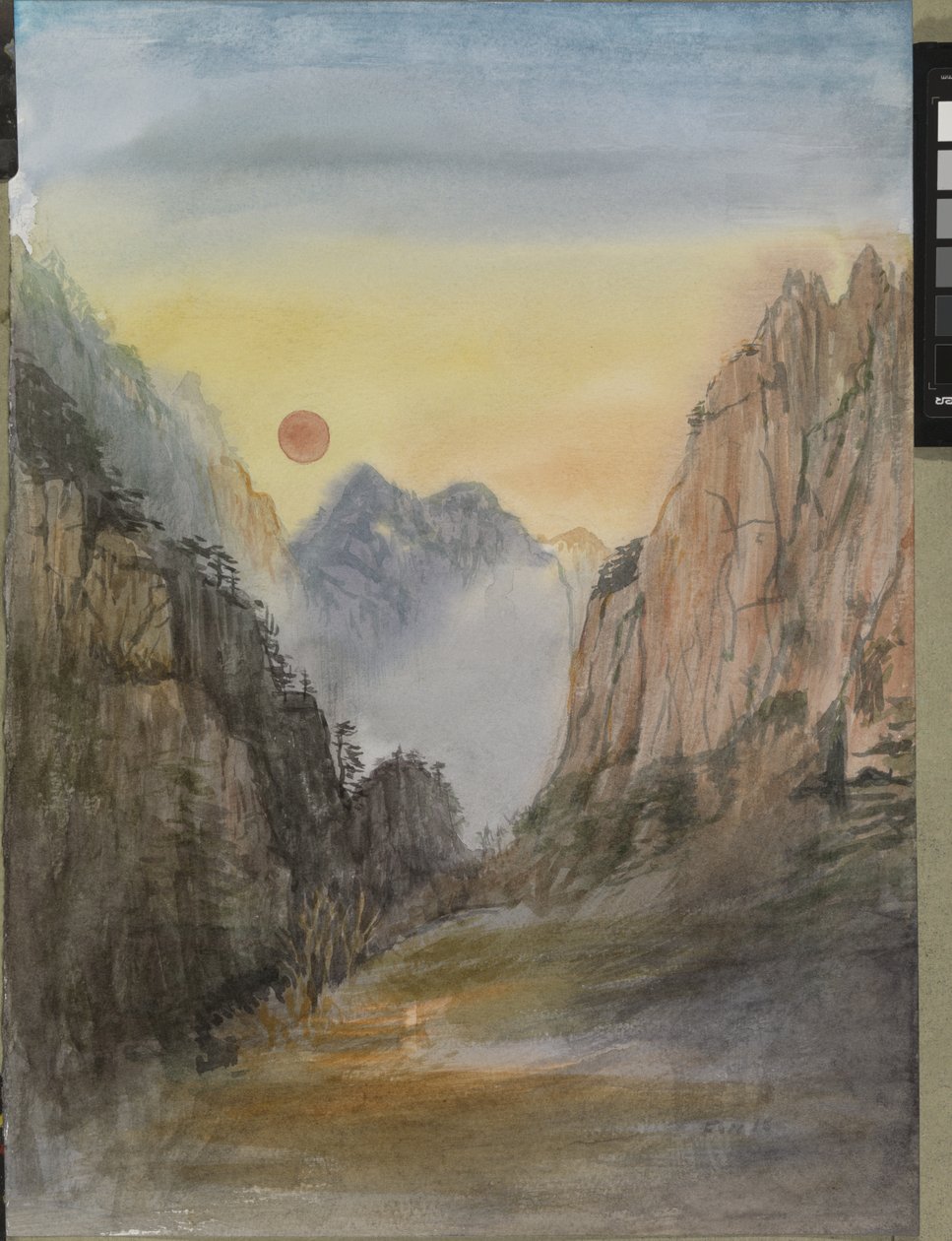 Pink Sun (Gold) Yellow Mountains, 2015 (akvarel på papir) af Christian Furr