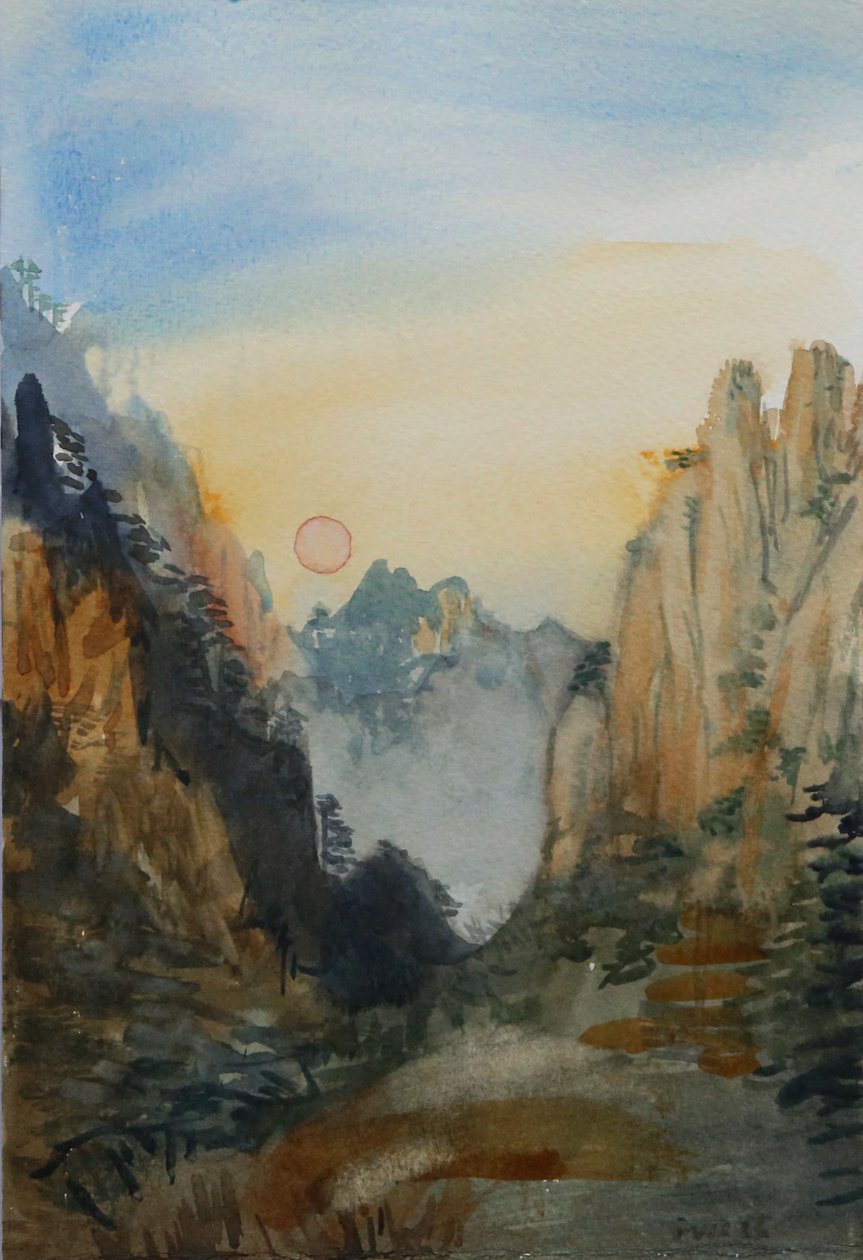 Pink Sun - Yellow Mountains, 2015 (akvarel på papir) af Christian Furr