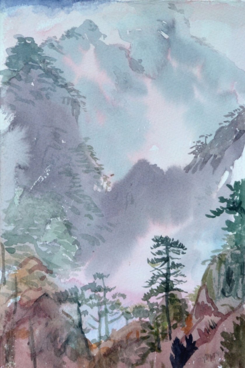 Rose Mountains, Shangri La, 2015 (akvarel på papir) af Christian Furr