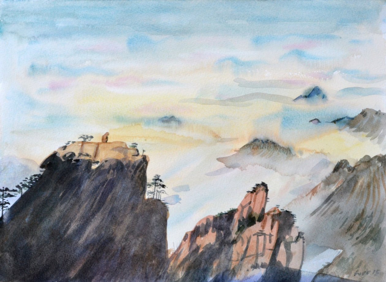 Stone Monkey Gazing Over a Sea of Clouds, 2015 (akvarel på papir) af Christian Furr