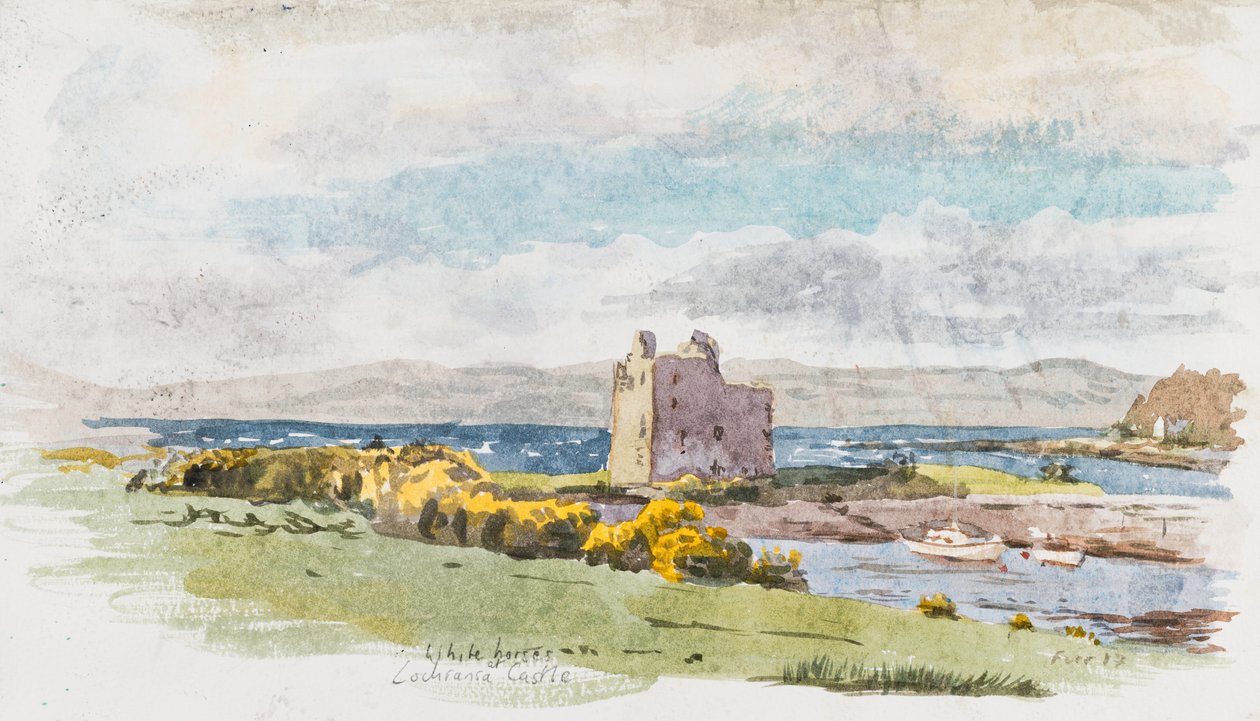 White Horses At Lochranza Castle, 2017 (akvarel på akvarelpapir) af Christian Furr