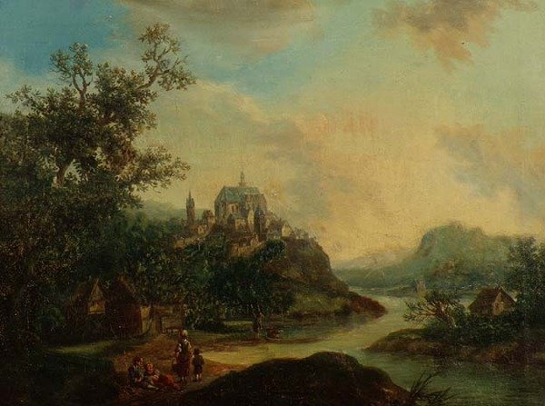 En udsigt over Rhinlandet med figurer i forgrunden og en befæstet by på en bakke hinsides af Christian Georg II Schutz or Schuz