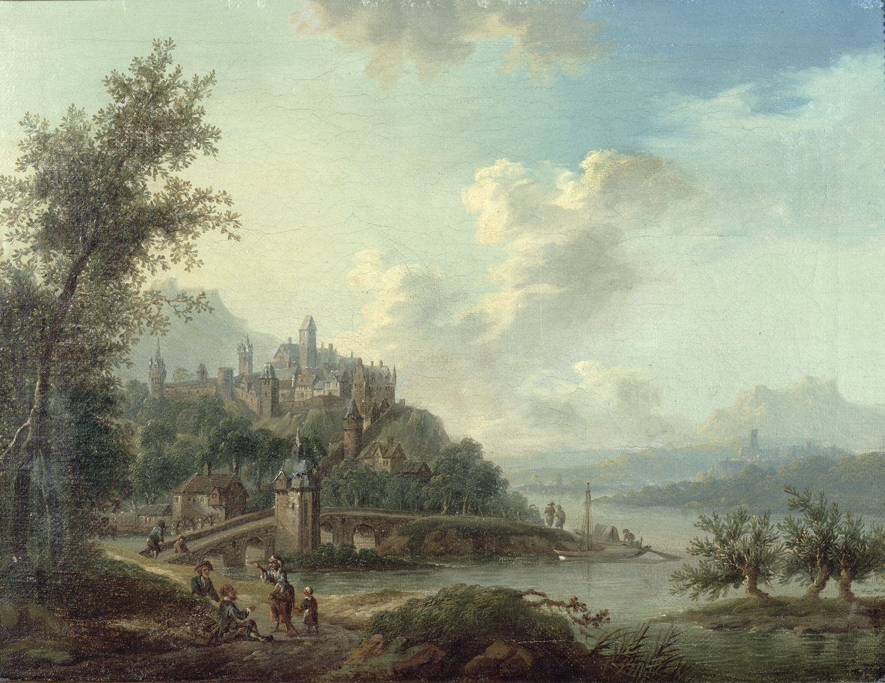 Udsigt over Rhinlandet med en bro og figurer i forgrunden og en befæstet by på en bakke bagved af Christian Georg II Schutz or Schuz