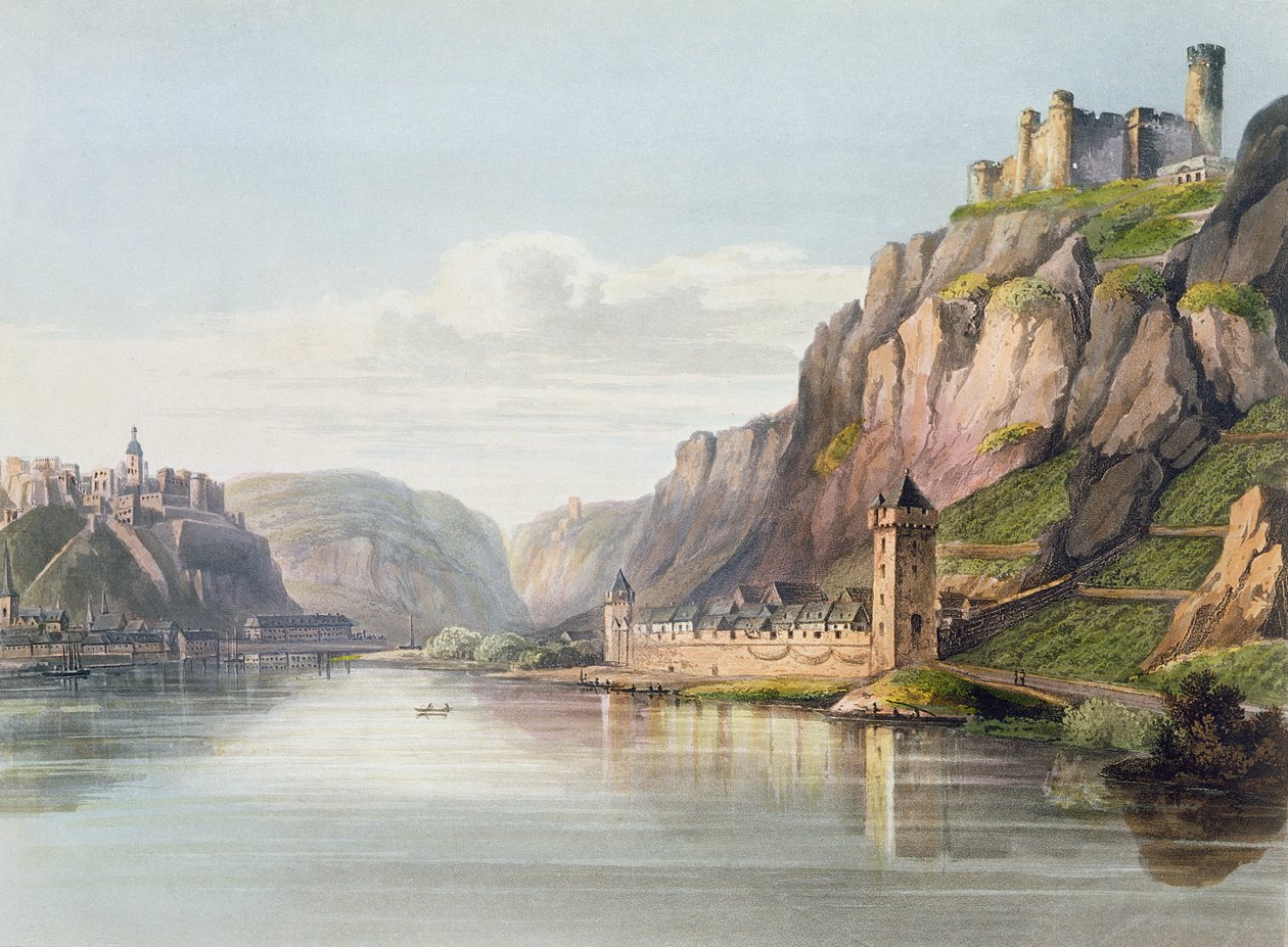St. Goarshausen, St. Goar og Rheinfels, graveret af T. Sutherland, fra 