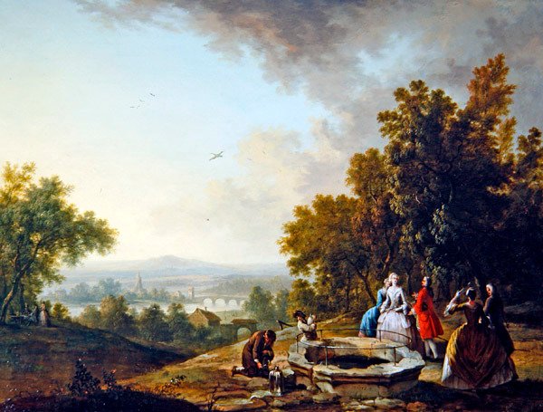 Et landskab med elegante figurer (olie på kobber) af Christian Georg I Schutz