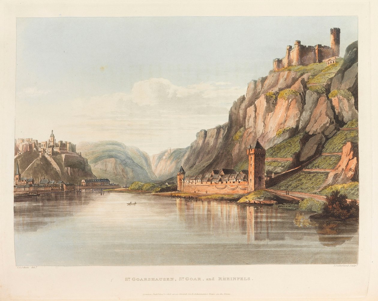 St. Goarshausen, St. Goar og Rheinfels. Fra: En malerisk tur langs Rhinen, 1820. af Christian Georg Schütz the Younger