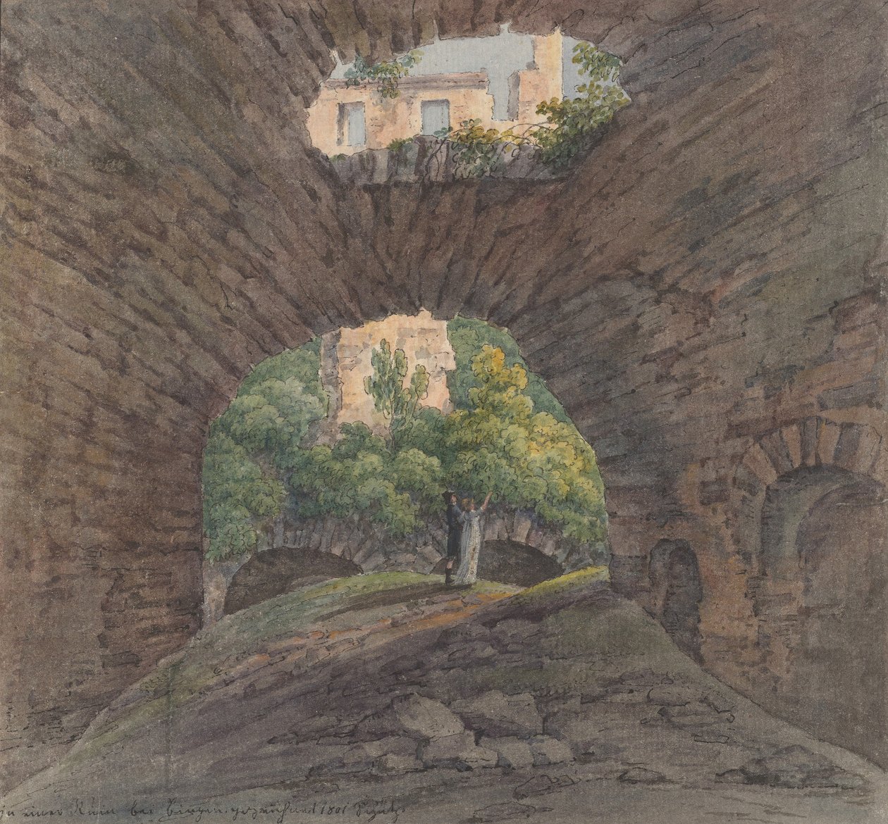 Et ungt par ser på ruinerne nær Bingen, 1801. af Christian Georg Schutz