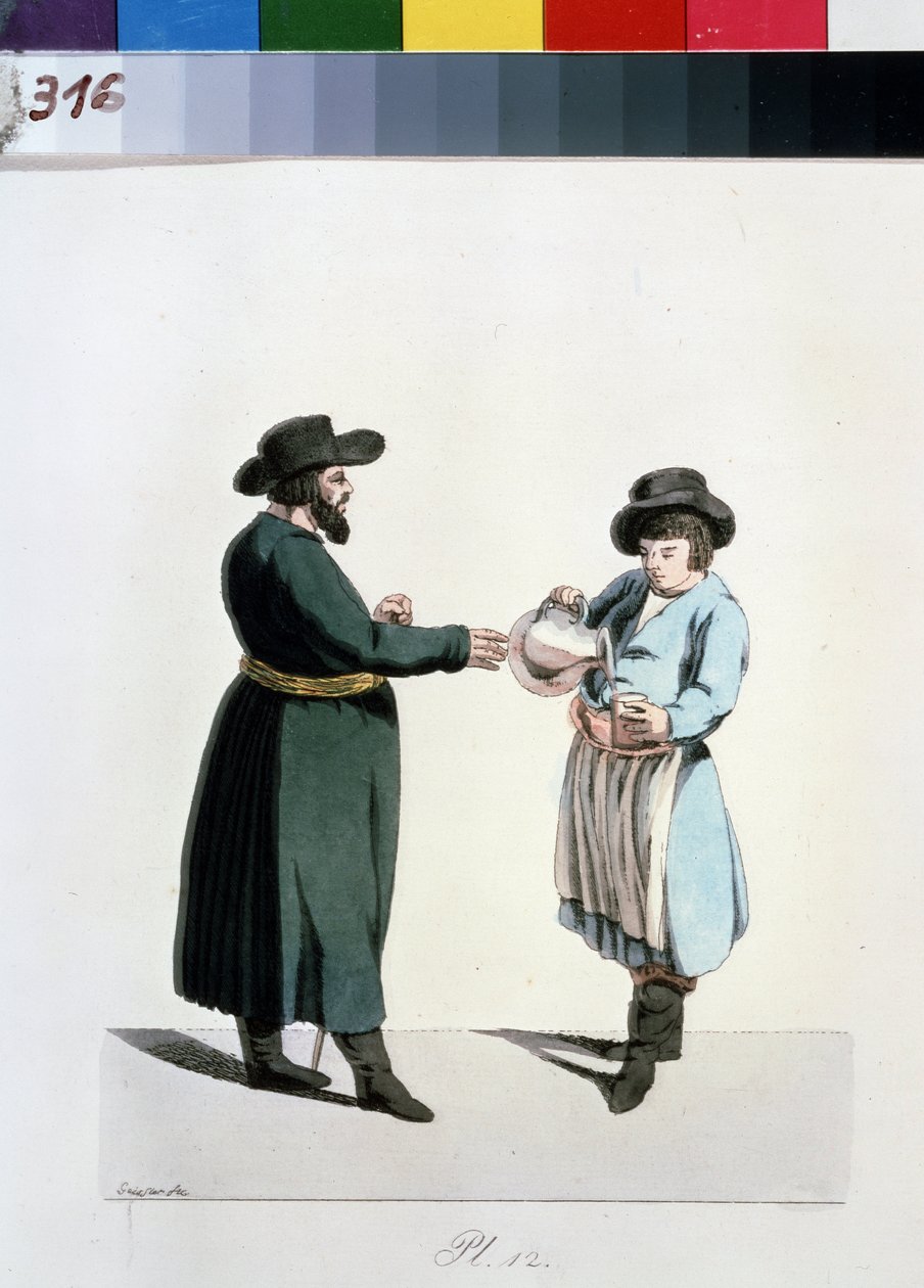 Serie om købmændene i Moskva: sælger af kvass (kwas eller kwass). Kvass sælger (Fra serien The Moscow Merchants). Tegning af Christian Gottfried Heinrich Geissler (1770-1844) af Christian Gottfried Geissler