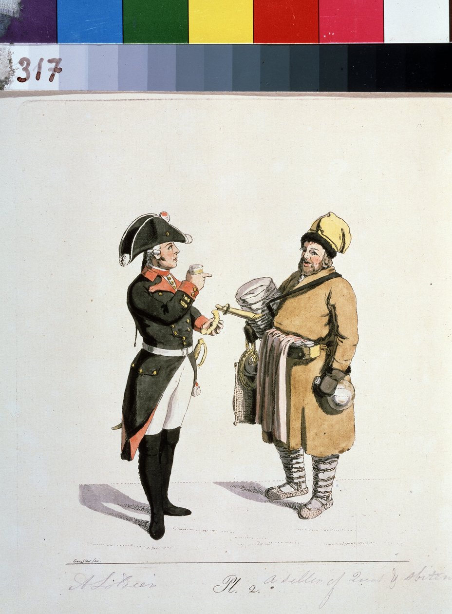 Serie om Moskva-købmænd: sælger af sbiten. Sbiten leverandør (Fra serien The Moscow Merchants). Tegning af Christian Gottfried Heinrich Geissler (1770-1844) af Christian Gottfried Geissler