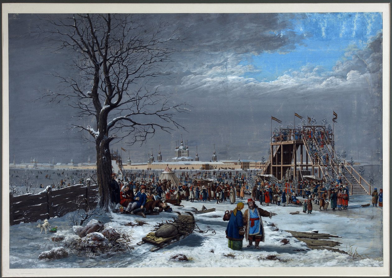 Rutsjebanerne på Neva nær Smolny-klosteret i Sankt Petersborg - Christian Gottfried Heinrich Geissler (1770-1844). Kobberstik, akvarel af Christian Gottfried Geissler