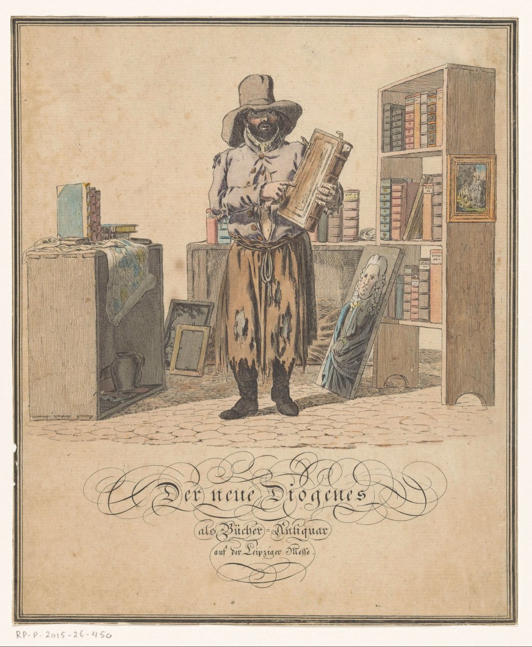 Portræt af bøger af Johann Gottlob Helmert Den nye Diogenes som boghandler på Leipzig-messen (titel på objekt) af Christian Gottfried Heinrich Geissler (possibly)