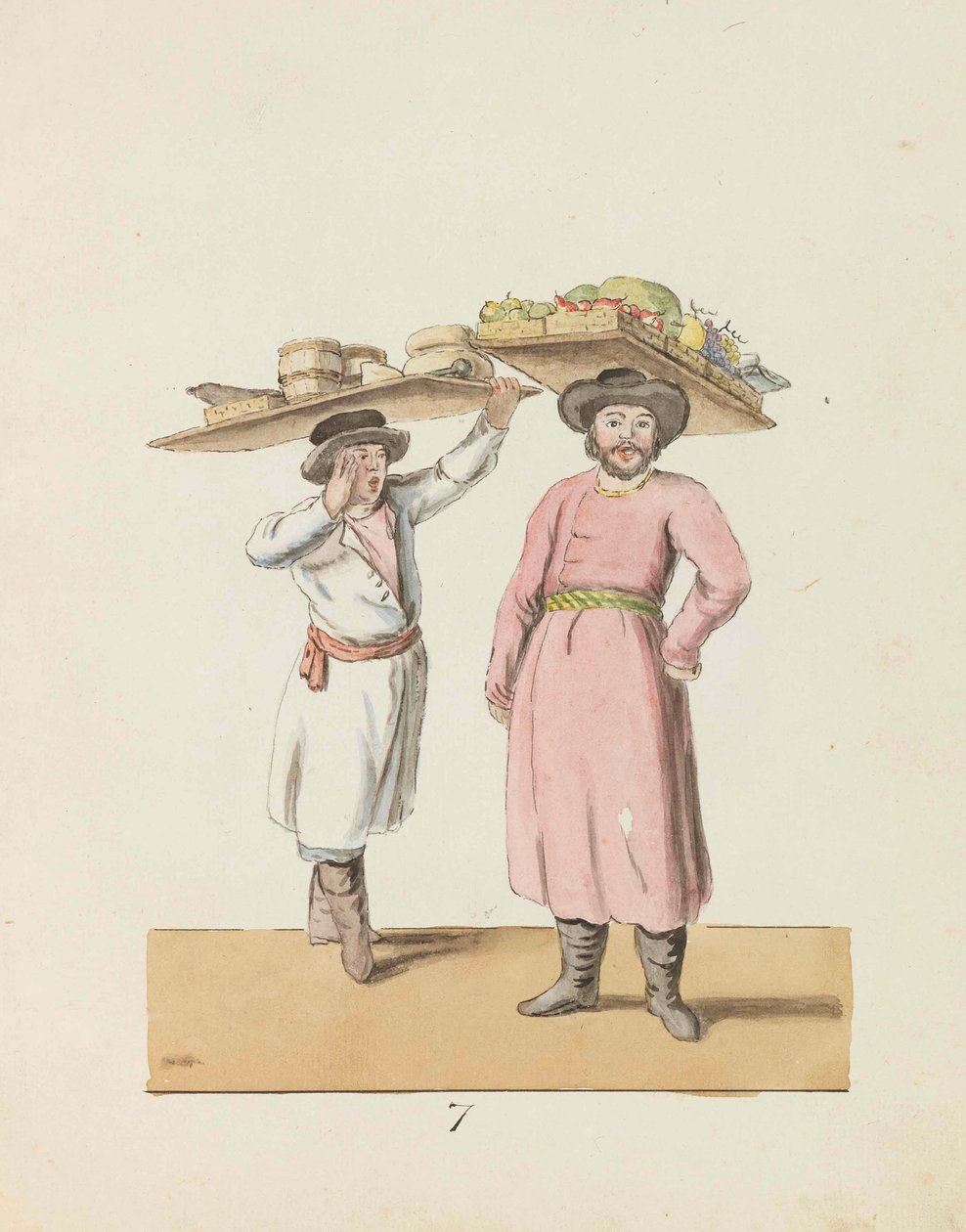 Frugtsælger og bonde, der sælger ost og sild Fra serien St. Petersborg..., 1799. af Christian Gottfried Heinrich Geissler
