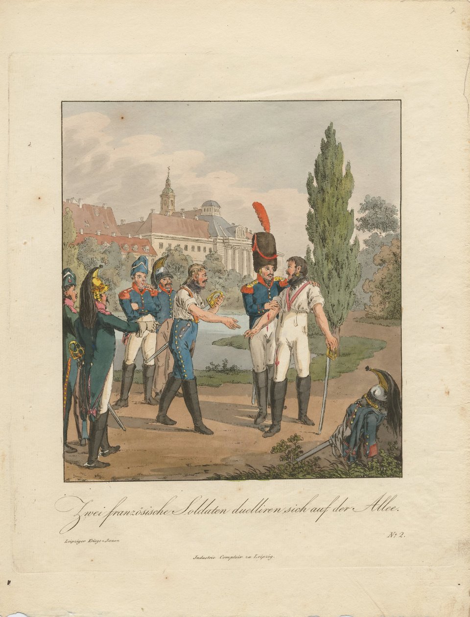 To franske soldater kæmper en duel på en allé af Christian Gottfried Heinrich Geissler
