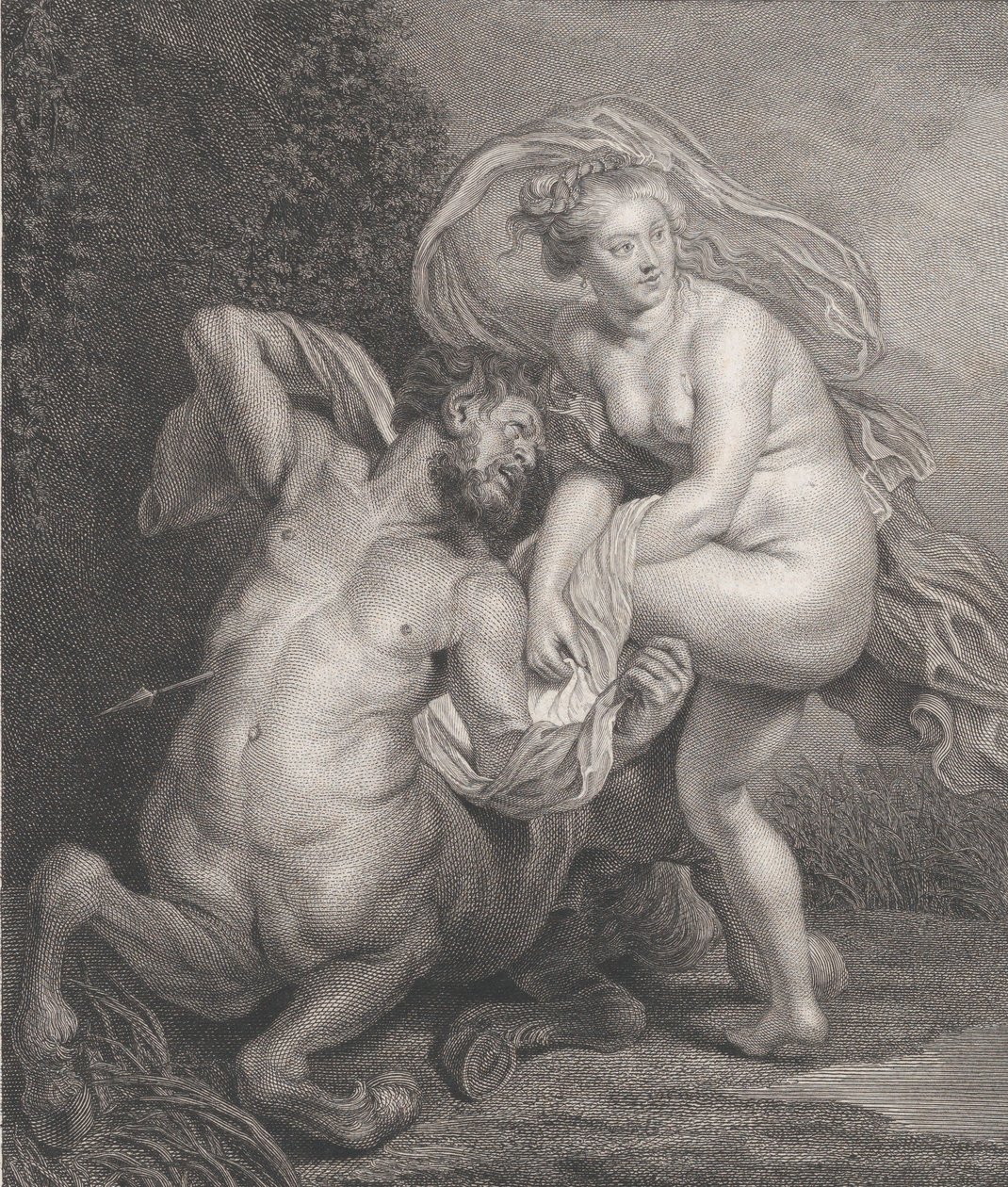 Deianeira modtog den forgiftede tunika fra Nessus, og den sårede kentaur faldt til..., 1778. af Christian Gottfried Schulze