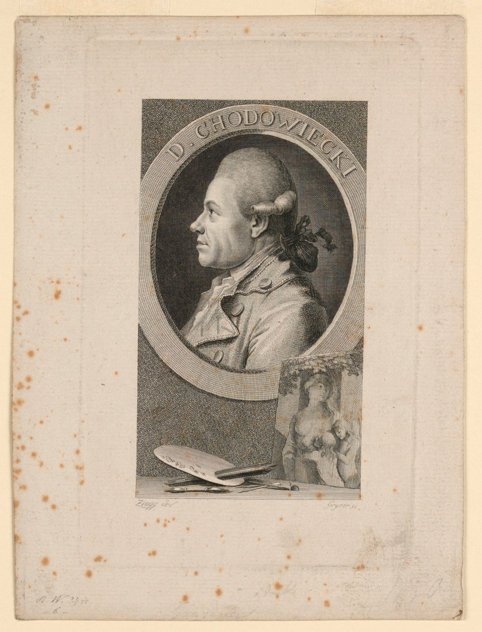 Portræt af Daniele Chodoiecki, frontispice til "Neue Bibliotheh der sönen Wissenschaften," Leipzig, Tyskland, 1780 af Christian Gottlieb Geyser