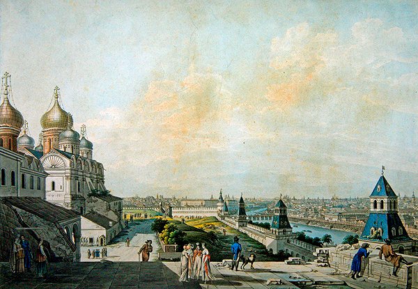 Moskva, udsigt over byen, venstre for Kreml (gravering med akvarel) af Christian Gottlob Hammer
