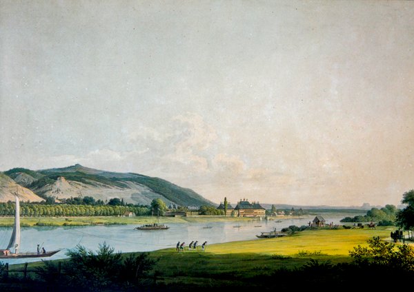 Pillnitz og dens omgivelser, nær Dresden (farvegravering) af Christian Gottlob Hammer