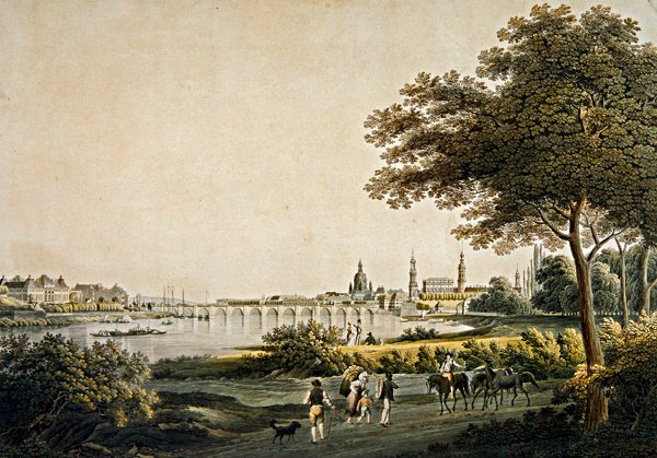 Udsigt over Dresden fra den sydvestlige side (farvegravering) af Christian Gottlob Hammer