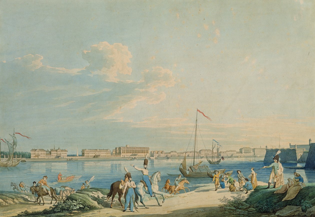 Udsigt over Marmorpaladset og nordsiden af Peter og Paul-fæstningen, Skt. Petersborg (gravering med wc) af Christian Gottlob Hammer