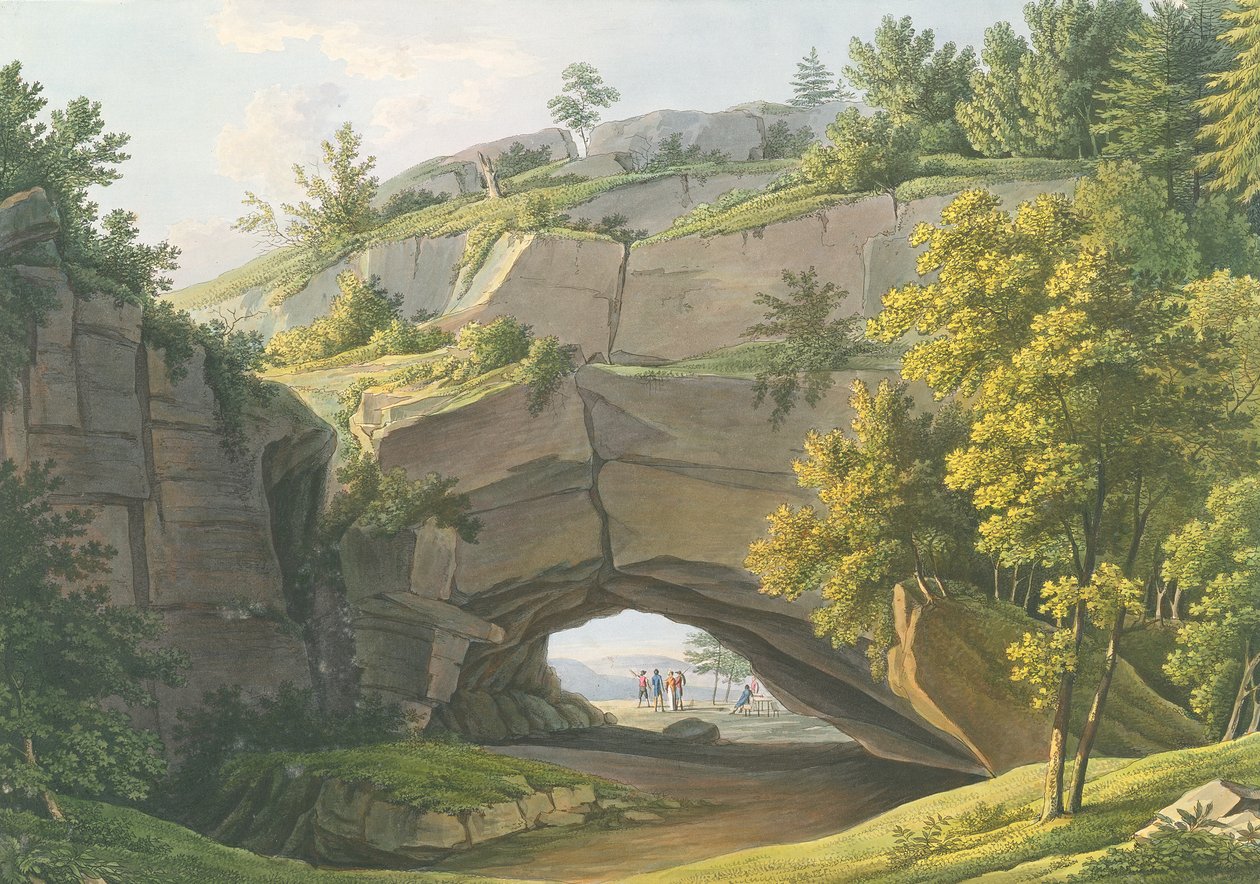 Udsigt over den berømte Kuhstall-grotte i det saksiske Schweiz (gravering med wc) af Christian Gottlob Hammer