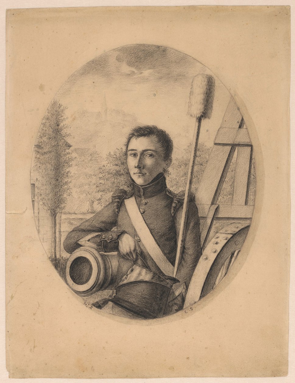 Portræt af en ung soldat, kepi i højre hånd, lænet på en kanonløber (selvportræt?) af Christian Heinrich Gottlieb Steuerwald