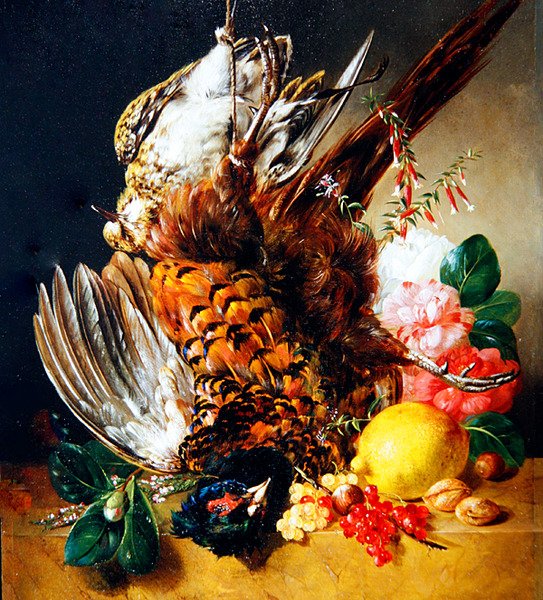 Et stilleben med frugt, blomster og vildt af Christian Huygens
