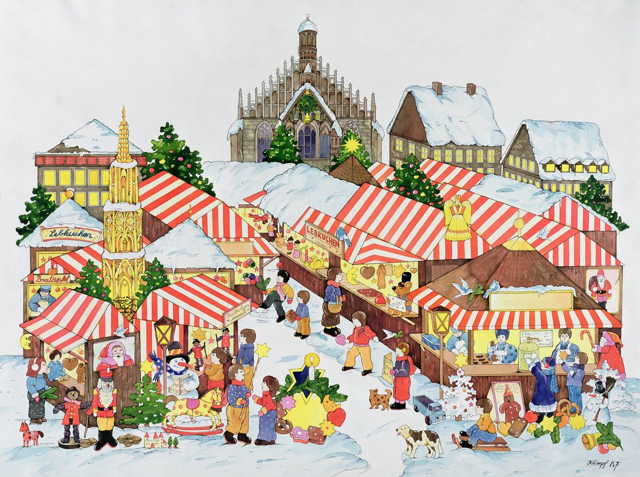 Christkindlmarket, Nürnberg, 1987 (wc på papir) af Christian Kaempf