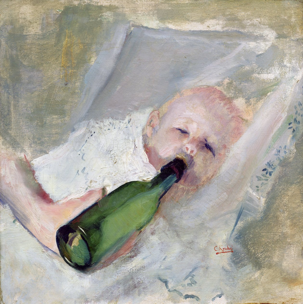 Baby med mælkeflaske (olie på lærred) af Christian Krohg