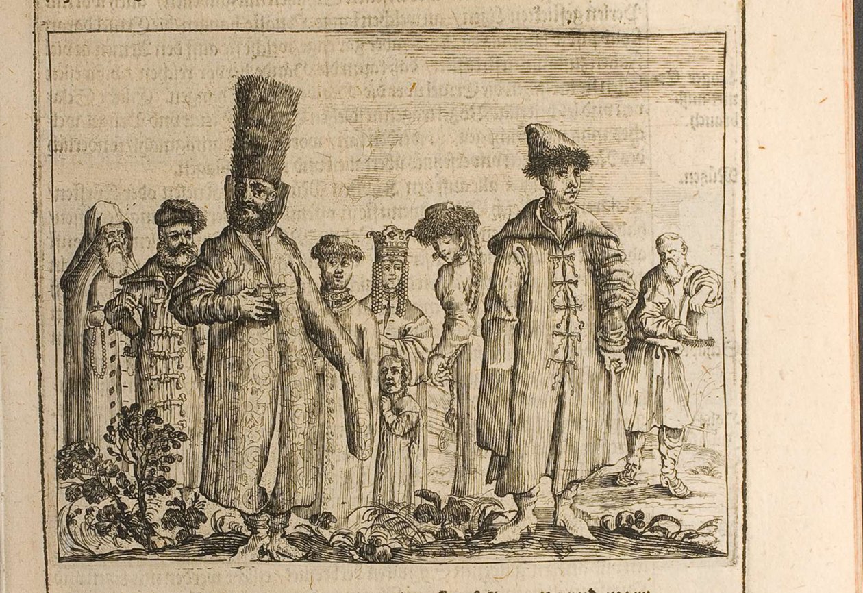 Traditionel kjole af Moscovites Illustration fra rejser til den store hertug af Muscovy og slægten af Christian Lorenzen Rothgiesser