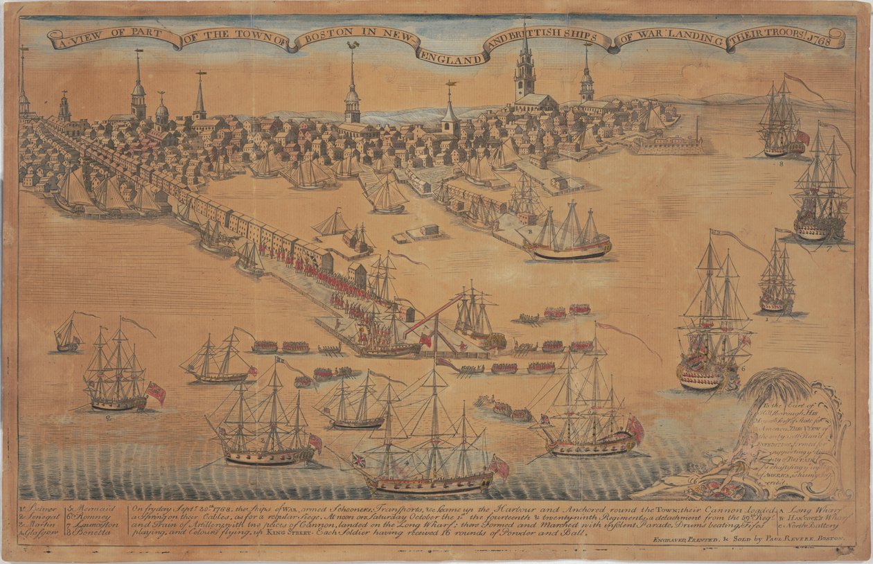 En udsigt over en del af byen Boston i New England og britiske krigsskibe lander deres tropper! af Christian Remick