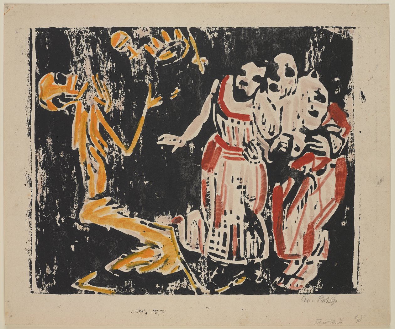 Døden som jonglør (Revolution) (Tod als Jongleur [Revolution]), 1918-19 (farvetræsnit i gul, rød og sort på kraftigt vævet papir) af Christian Rohlfs