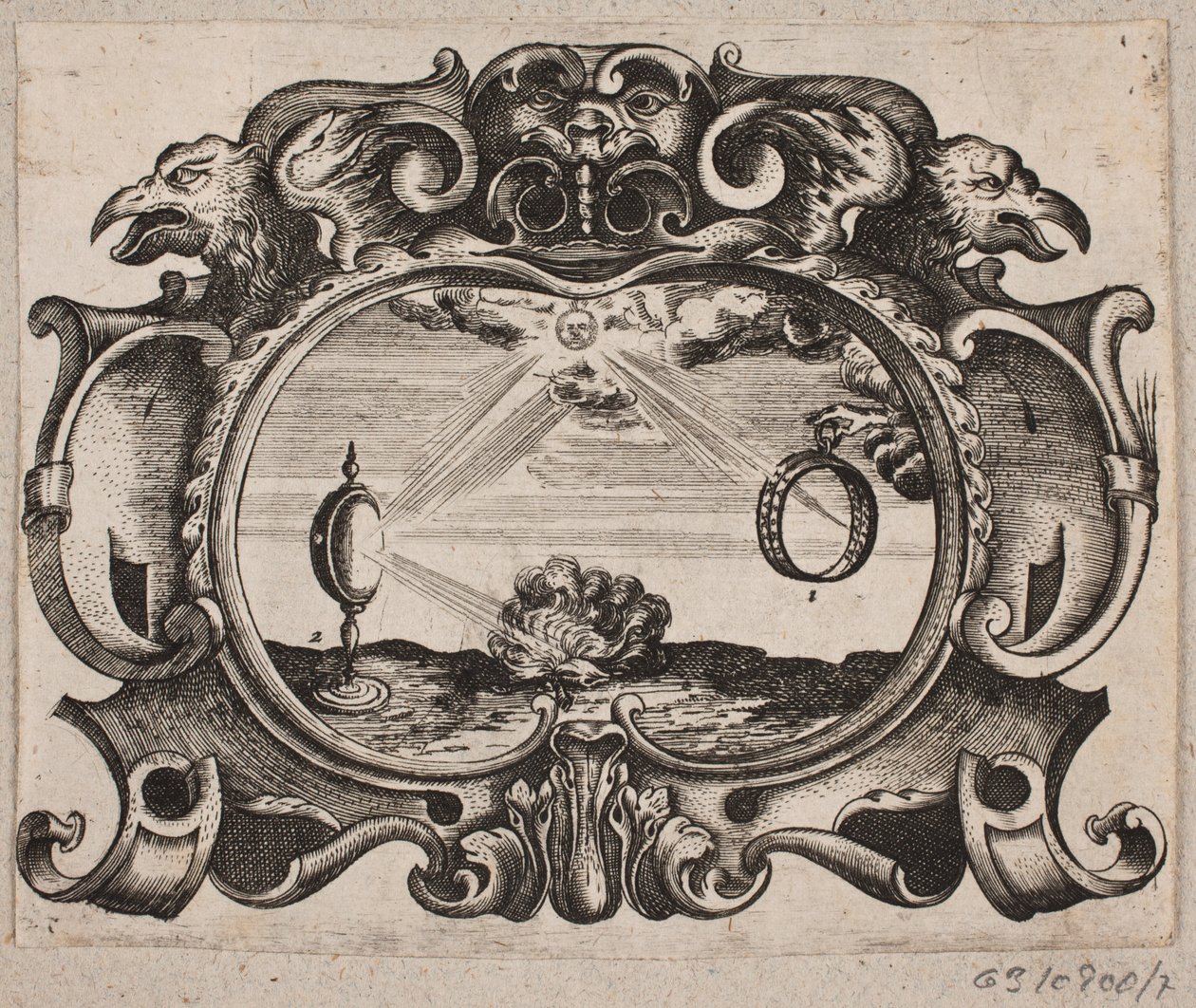 Emblem med sol, der stråler gennem en ring og gennem et brændeglas, så der antændes et bål af Christian Rothgiesser