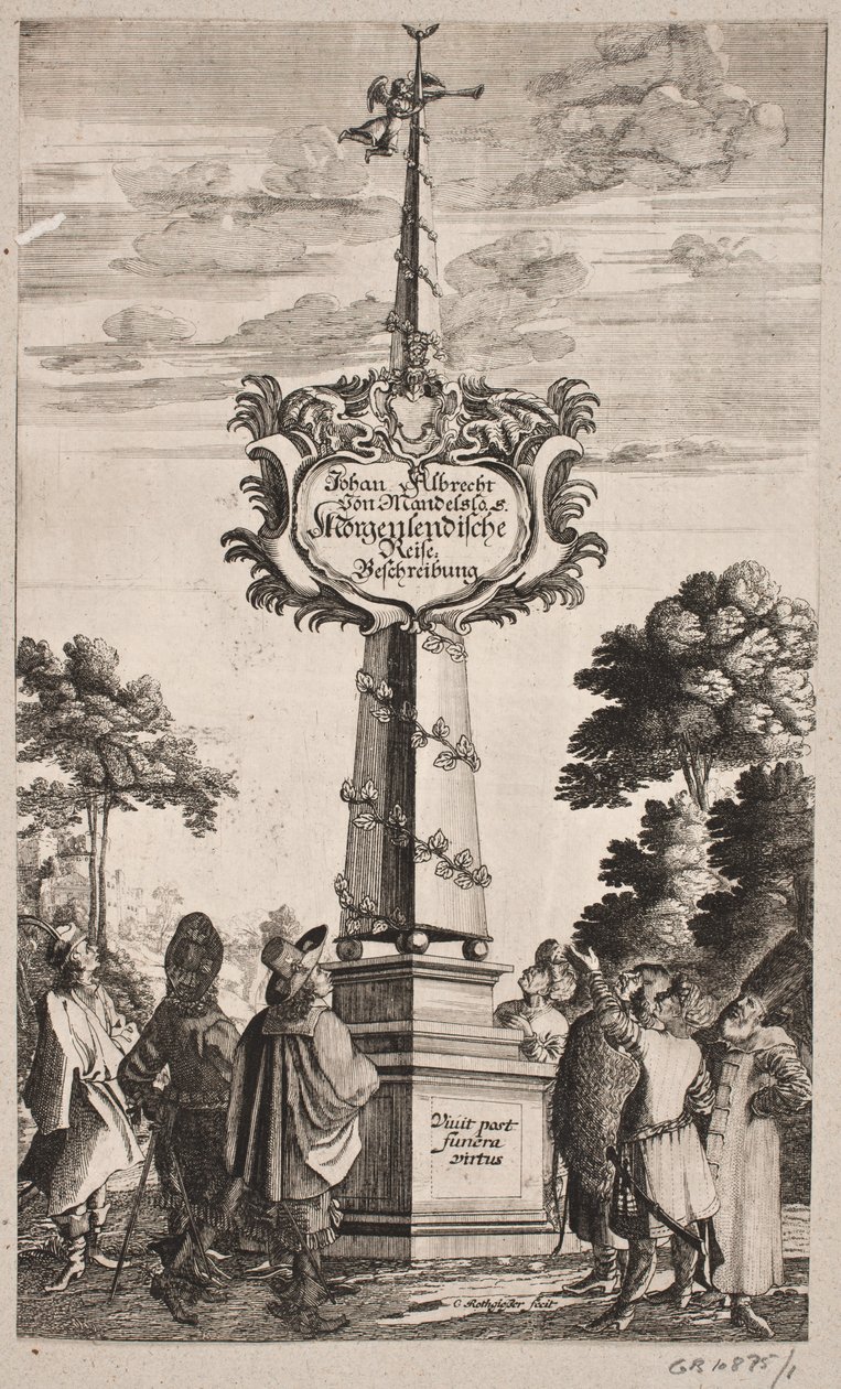 Titelside til Johann Albrecht Mandelslo, "Orientalsk rejsebeskrivelse [...], Slesvig 1668 af Christian Rothgiesser