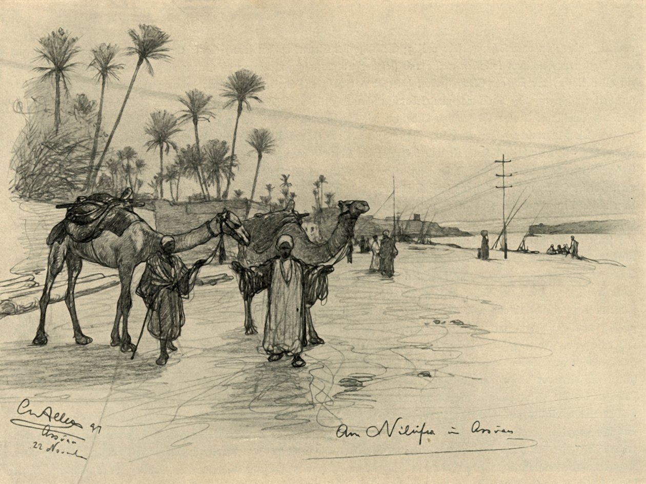 Kamelførere på bredden af Nilen ved Aswan, Egypten, 1898. af Christian Wilhelm Allers