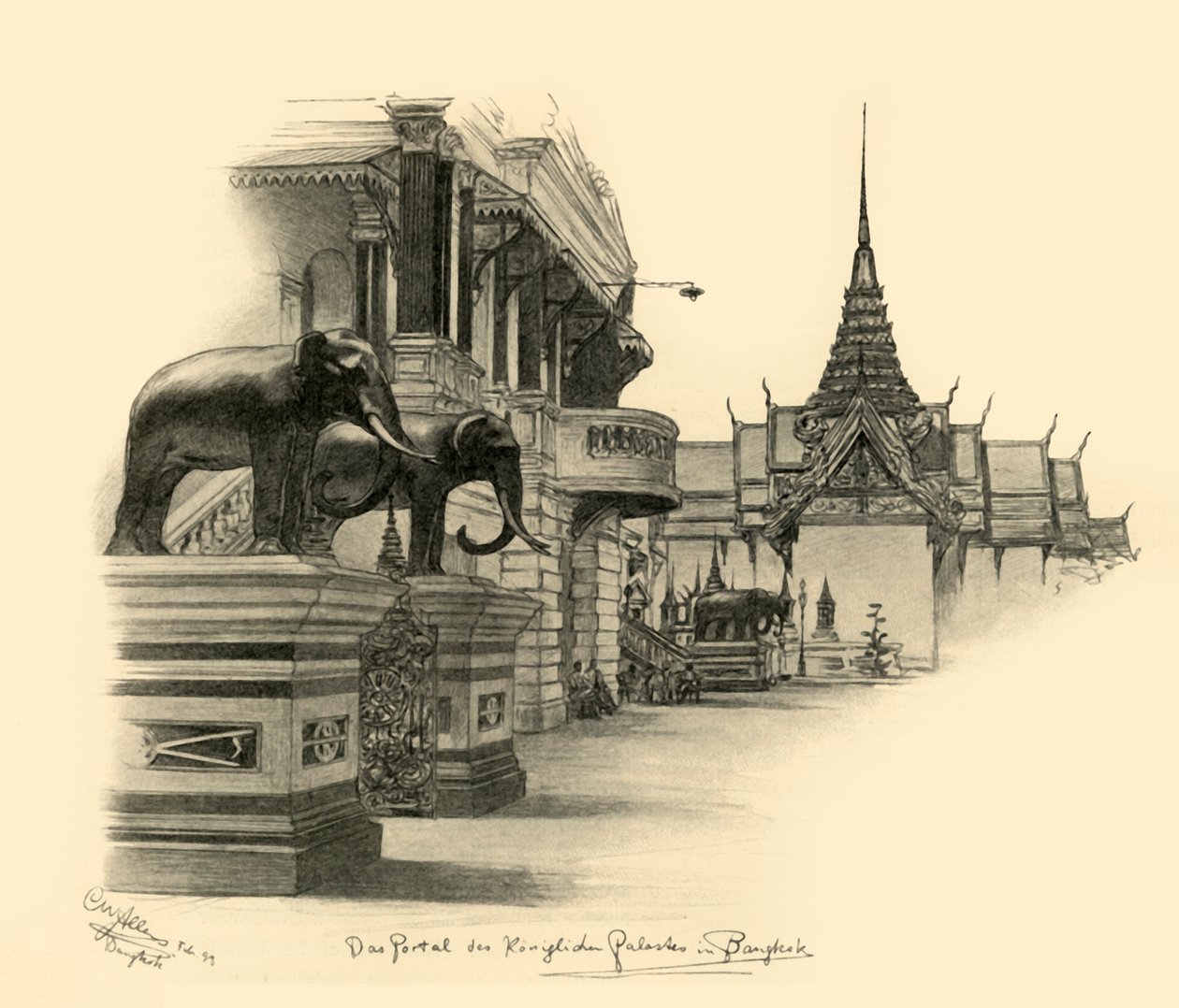 Indgang til det kongelige palads i Bangkok, Siam, 1898. af Christian Wilhelm Allers