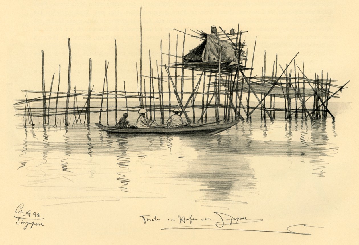 Hus på pæle og fiskere i Singapore Harbour, 1898. af Christian Wilhelm Allers