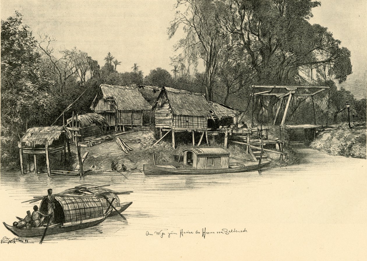 Huse på pæle, Bangkok, Siam, 1898. af Christian Wilhelm Allers